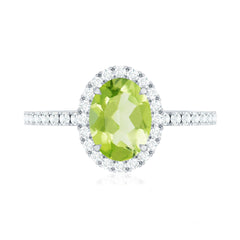 Natural 1 Carat Peridot Oval Engagement Ring with Diamond Halo