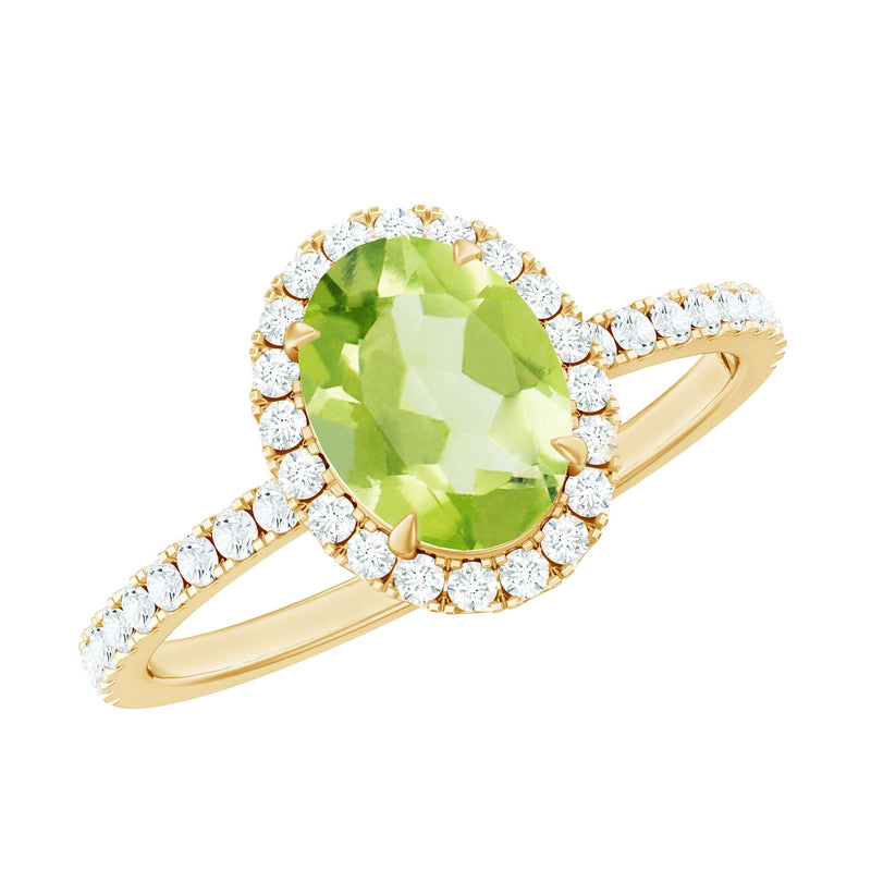 Natural 1 Carat Peridot Oval Engagement Ring with Diamond Halo