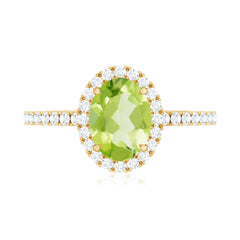 Natural 1 Carat Peridot Oval Engagement Ring with Diamond Halo