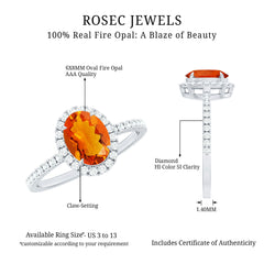 Oval 6X8MM Fire Opal Engagement Ring with Diamond Halo