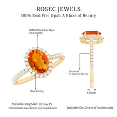 Oval 6X8MM Fire Opal Engagement Ring with Diamond Halo