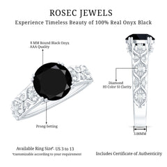 8mm Round Black Onyx Solitaire Antique Looking Engagement Ring with Diamond