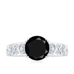8mm Round Black Onyx Solitaire Antique Looking Engagement Ring with Diamond