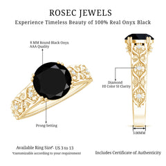 8mm Round Black Onyx Solitaire Antique Looking Engagement Ring with Diamond