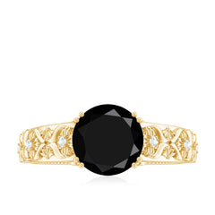 8mm Round Black Onyx Solitaire Antique Looking Engagement Ring with Diamond