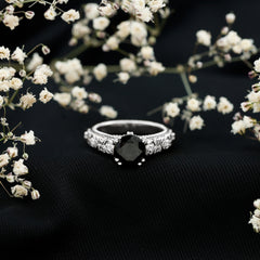 Vintage Inspired Created Black Diamond and Diamond Floral Solitaire Ring