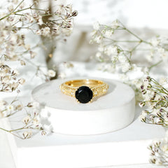 Vintage Inspired Created Black Diamond and Diamond Floral Solitaire Ring