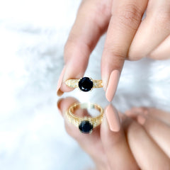 Vintage Inspired Created Black Diamond and Diamond Floral Solitaire Ring