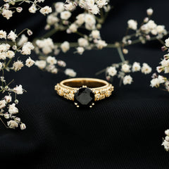 Vintage Inspired Created Black Diamond and Diamond Floral Solitaire Ring