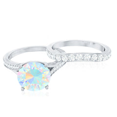Natural Ethiopian Opal Split Shank Engagement Ring with Wedding Band