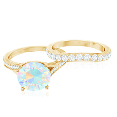 Natural Ethiopian Opal Split Shank Engagement Ring with Wedding Band