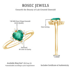 Certified 7 mm Lab Grown Emerald Heart Shaped Engagement Ring with Diamond
