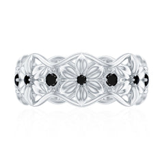 Natural Black Spinel Flower Band Ring for Women