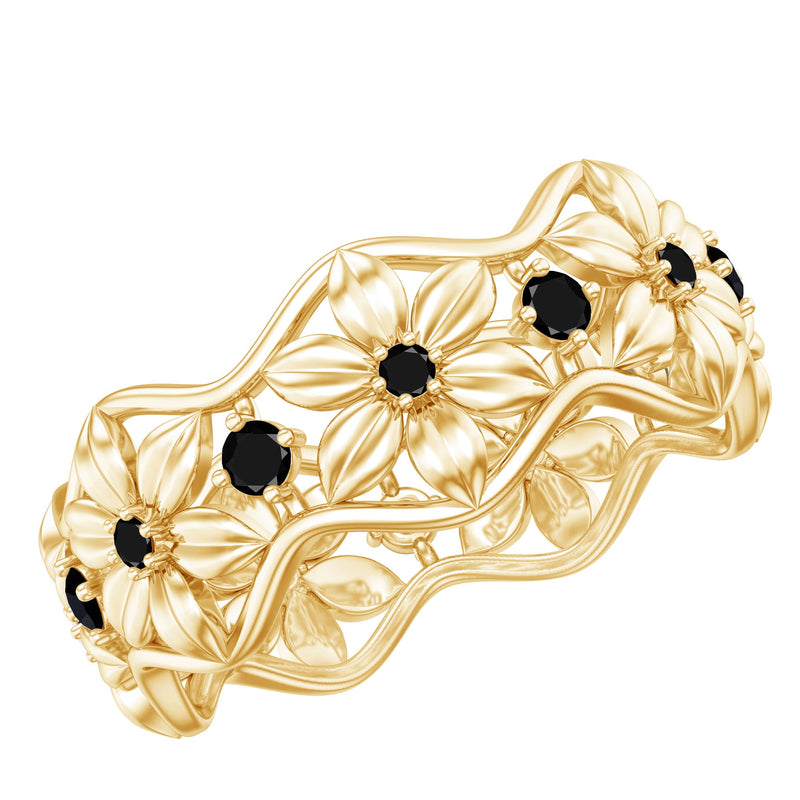 Natural Black Spinel Flower Band Ring for Women