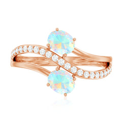 Natural Oval Ethiopian Opal Diamond Toi Et Moi Engagement Ring with Bypass Shank