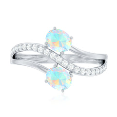 Natural Oval Ethiopian Opal Diamond Toi Et Moi Engagement Ring with Bypass Shank