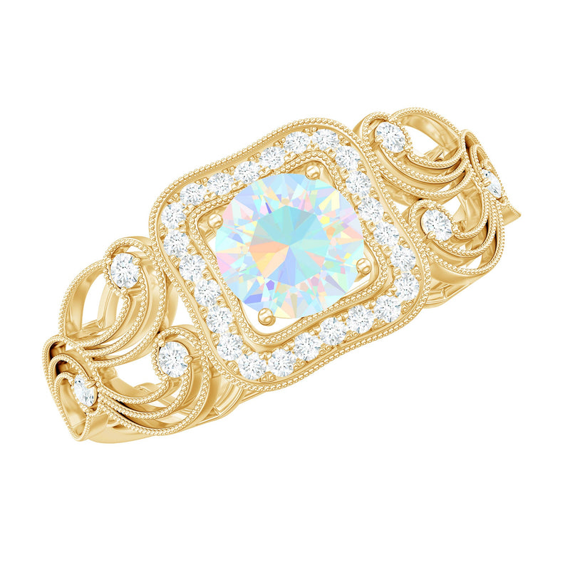 Certified Real Ethiopian Opal Retro Engagement Ring with Diamond