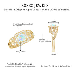Certified Real Ethiopian Opal Retro Engagement Ring with Diamond