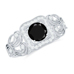 Natural Black Spinel Retro Engagement Ring with Diamond