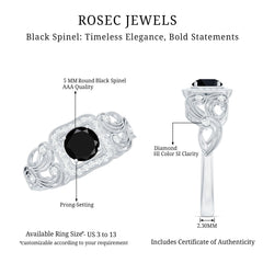 Natural Black Spinel Retro Engagement Ring with Diamond