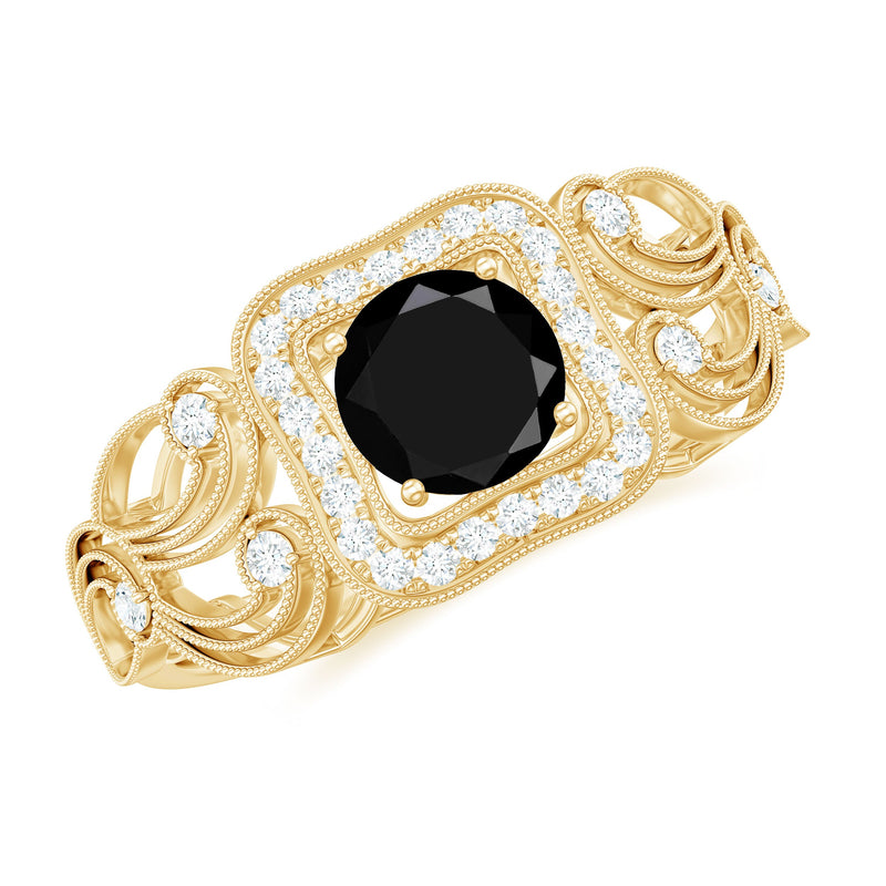 Natural Black Spinel Retro Engagement Ring with Diamond