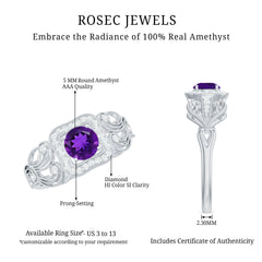 3/4 CT Amethyst and Diamond Art Deco Engagement Ring with Milgrain Details