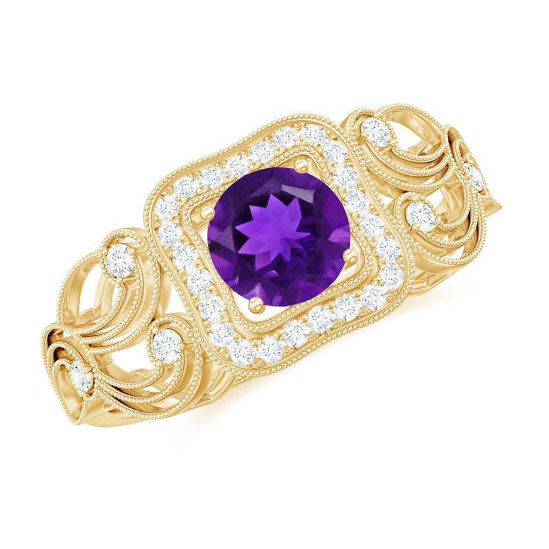 3/4 CT Amethyst and Diamond Art Deco Engagement Ring with Milgrain Details