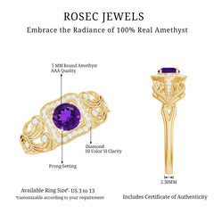 3/4 CT Amethyst and Diamond Art Deco Engagement Ring with Milgrain Details