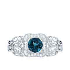 Certified London Blue Topaz Art Deco Engagement Ring with Diamond Halo