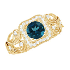 Certified London Blue Topaz Art Deco Engagement Ring with Diamond Halo