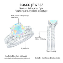 Certified Natural Ethiopian Opal Cushion Cut Engagement Ring with Wedding Band