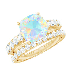 Certified Natural Ethiopian Opal Cushion Cut Engagement Ring with Wedding Band
