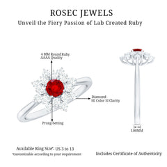 Lab Grown Ruby and Diamond Flower Cluster Engagement Ring