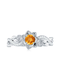Nature Inspired Citrine Flower Engagement Ring with Diamond