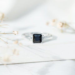 Princess Cut Created Black Diamond Solitaire Ring with Diamond Side Stones