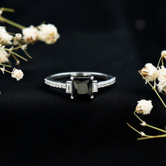 Princess Cut Created Black Diamond Solitaire Ring with Diamond Side Stones