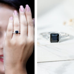 Princess Cut Created Black Diamond Solitaire Ring with Diamond Side Stones
