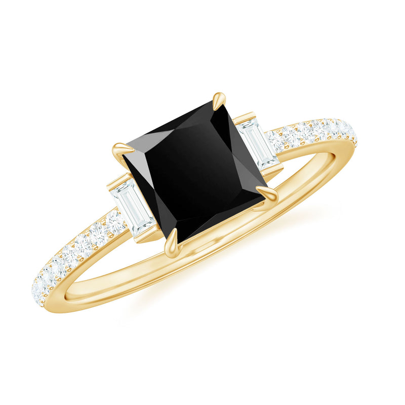 Princess Cut Created Black Diamond Solitaire Ring with Diamond Side Stones