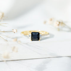 Princess Cut Created Black Diamond Solitaire Ring with Diamond Side Stones