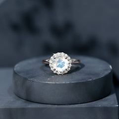 Round Moonstone Simple Halo Engagement Ring with Diamond