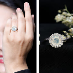 Round Moonstone Simple Halo Engagement Ring with Diamond