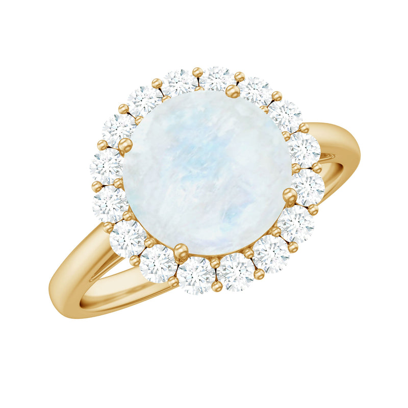Round Moonstone Simple Halo Engagement Ring with Diamond