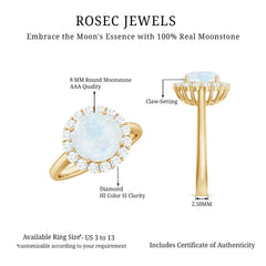 Round Moonstone Simple Halo Engagement Ring with Diamond