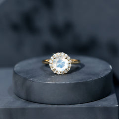 Round Moonstone Simple Halo Engagement Ring with Diamond