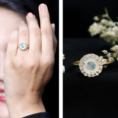 Round Moonstone Simple Halo Engagement Ring with Diamond