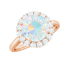 Certified Real 8mm Ethiopian Rainbow Opal Engagement Ring with Diamond Halo