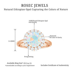Certified Real 8mm Ethiopian Rainbow Opal Engagement Ring with Diamond Halo