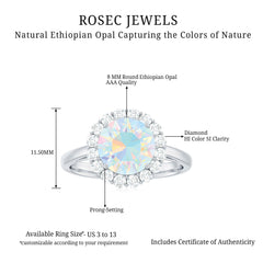 Certified Real 8mm Ethiopian Rainbow Opal Engagement Ring with Diamond Halo