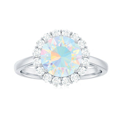 Certified Real 8mm Ethiopian Rainbow Opal Engagement Ring with Diamond Halo