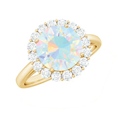 Certified Real 8mm Ethiopian Rainbow Opal Engagement Ring with Diamond Halo
